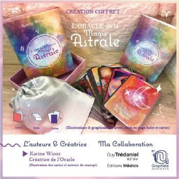 Illustrations et mise en page d'un livret, d'une boîte et de cartes pour l'oracle de la magie astrale, de karine Winsz des éditions Médicis.