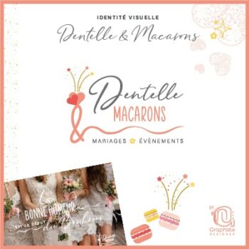 Logo et univers graphique pour l'entreprise événementiel de Dentelle et Macarons, Organisatrice spécialisée dans les Mariages et les beaux moments de vie, Agence basée à Nîmes, sud de France. Création identité visuelle par Ann Picot